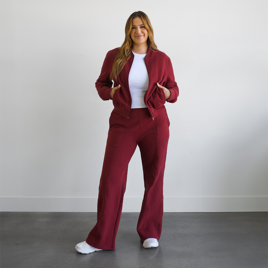 EMERSON Maroon Fleece Wide Leg Pant - LONG